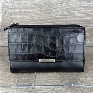 Fossil Black Avenue Croc-Embossed Leather Snap Open Tri-Fold Clutch Wallet